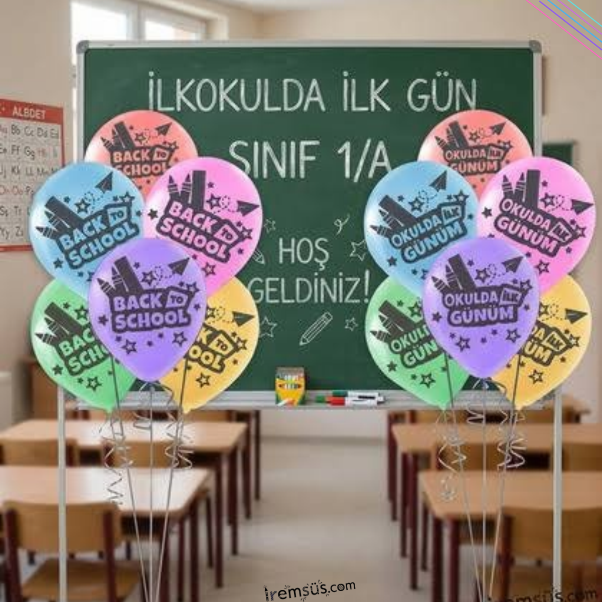 Okulda İlk Günüm Baskılı Karışık Renk Lateks Balon 10 Adet 12'' Back To School Balon Süsleme