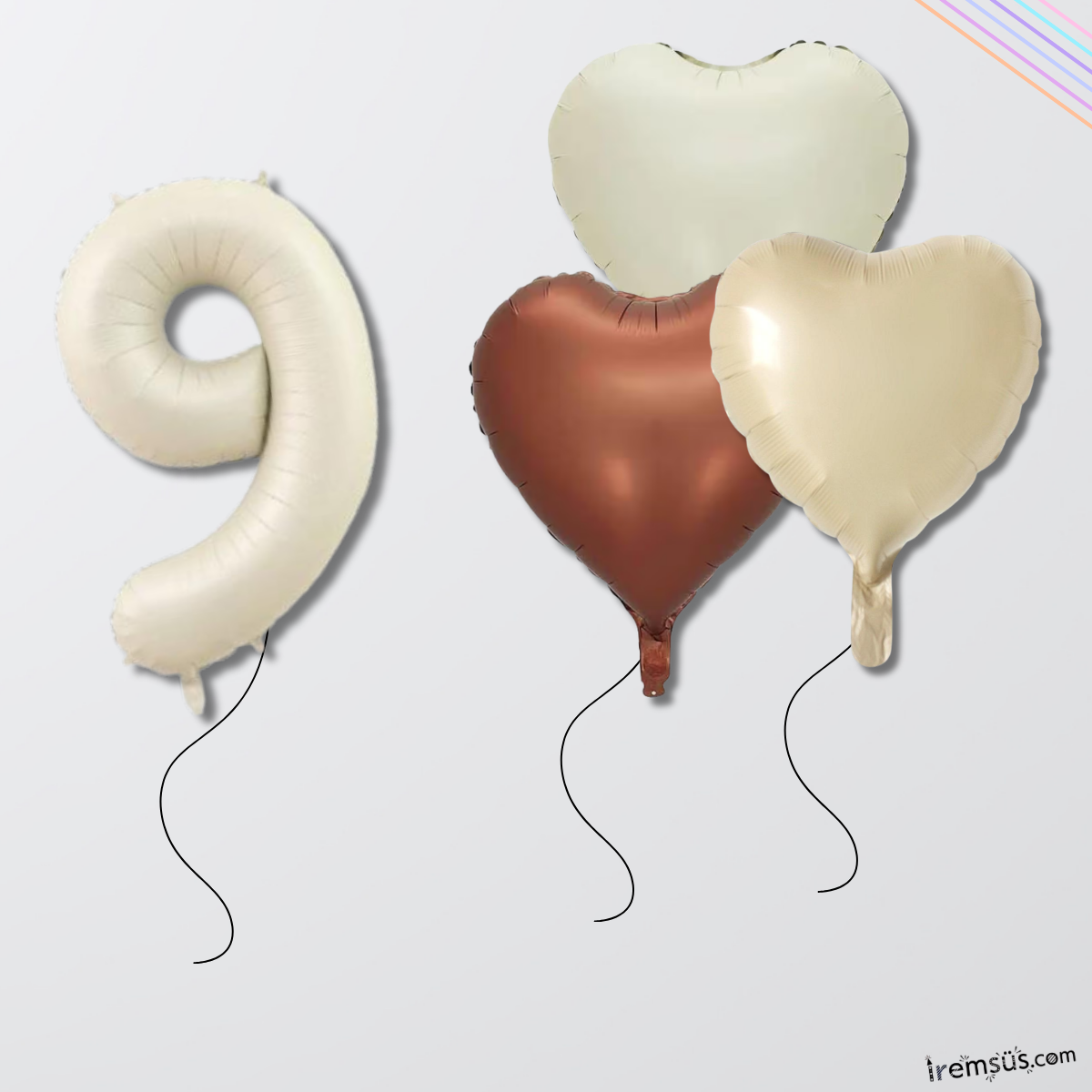 9 Yaş Krem Renk Konsept Kalp Balonlu Folyo Balon Seti