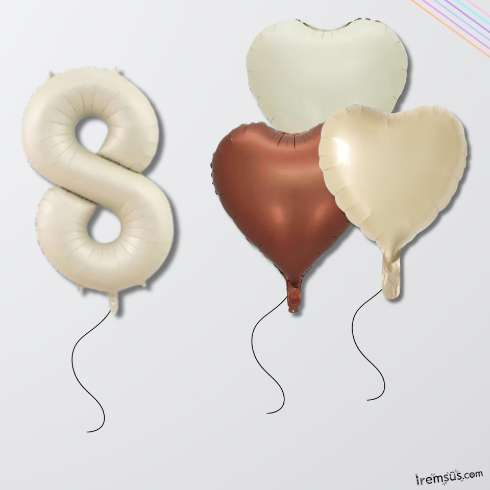 Krem Renk Konsept 8 Yaş Kalp Balonlu Set Retro Renkli 8 Yaş Doğum Günü Folyo Balon Seti