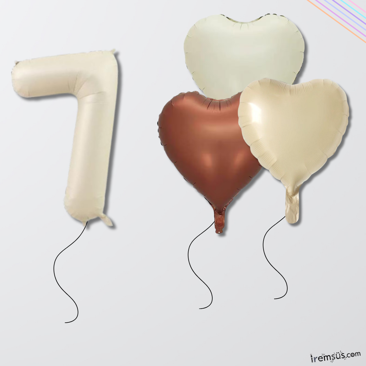 Krem Renk Konsept 7 Yaş Kalp Balonlu Set Retro Renkli 7 Yaş Doğum Günü Folyo Balon Seti