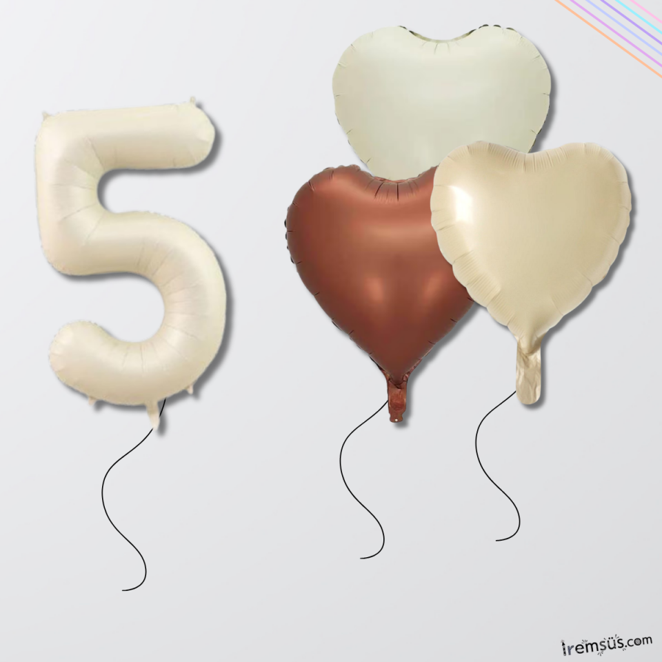Krem Renk Konsept 5 Yaş Kalp Balonlu Set Retro Renkli 5 Yaş Doğum Günü Folyo Balon Seti