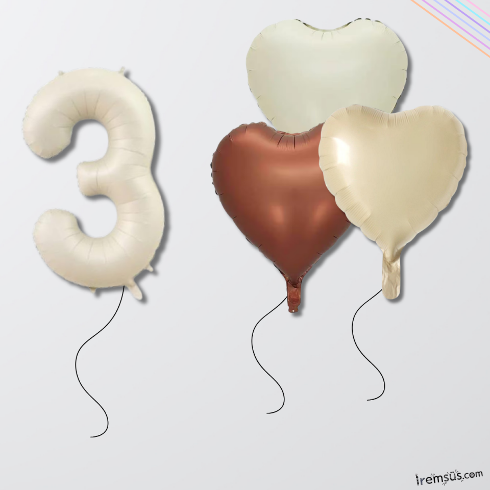 Krem Renk Konsept 3 Yaş Kalp Balonlu Set Retro Renkli 3 Yaş Doğum Günü Folyo Balon Seti