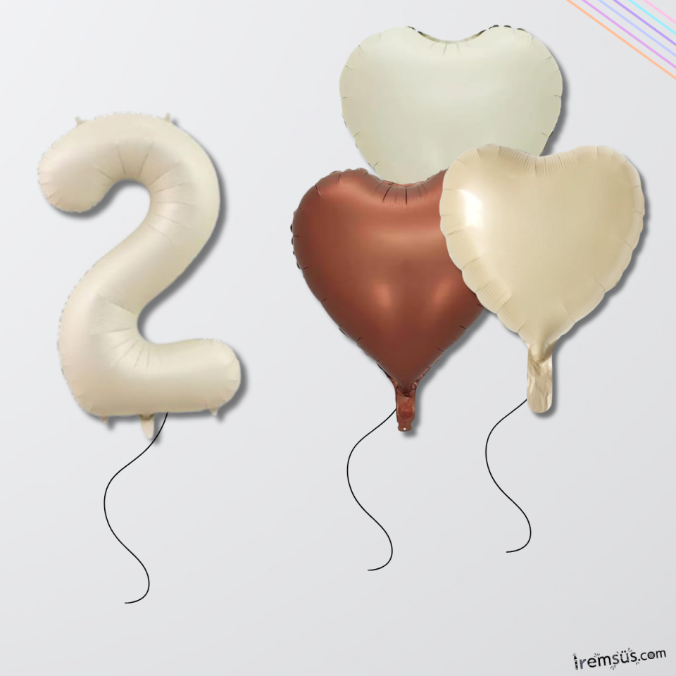 Krem Renk Konsept 2 Yaş Kalp Balonlu Set Retro Renkli 2 Yaş Doğum Günü Folyo Balon Seti