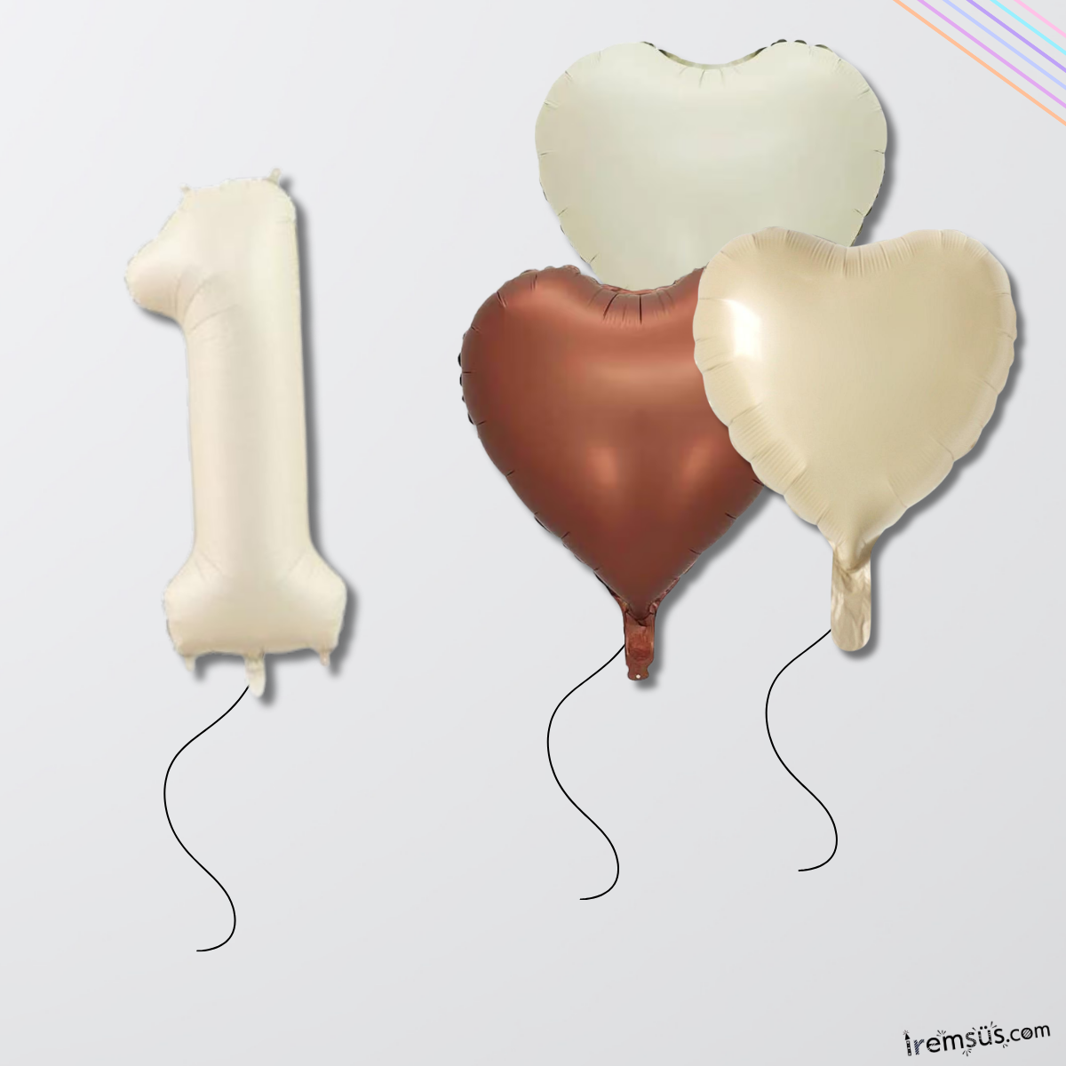 Krem Renk Konsept 1 Yaş Kalp Balonlu Set Retro Renkli 1 Yaş Doğum Günü Folyo Balon Seti