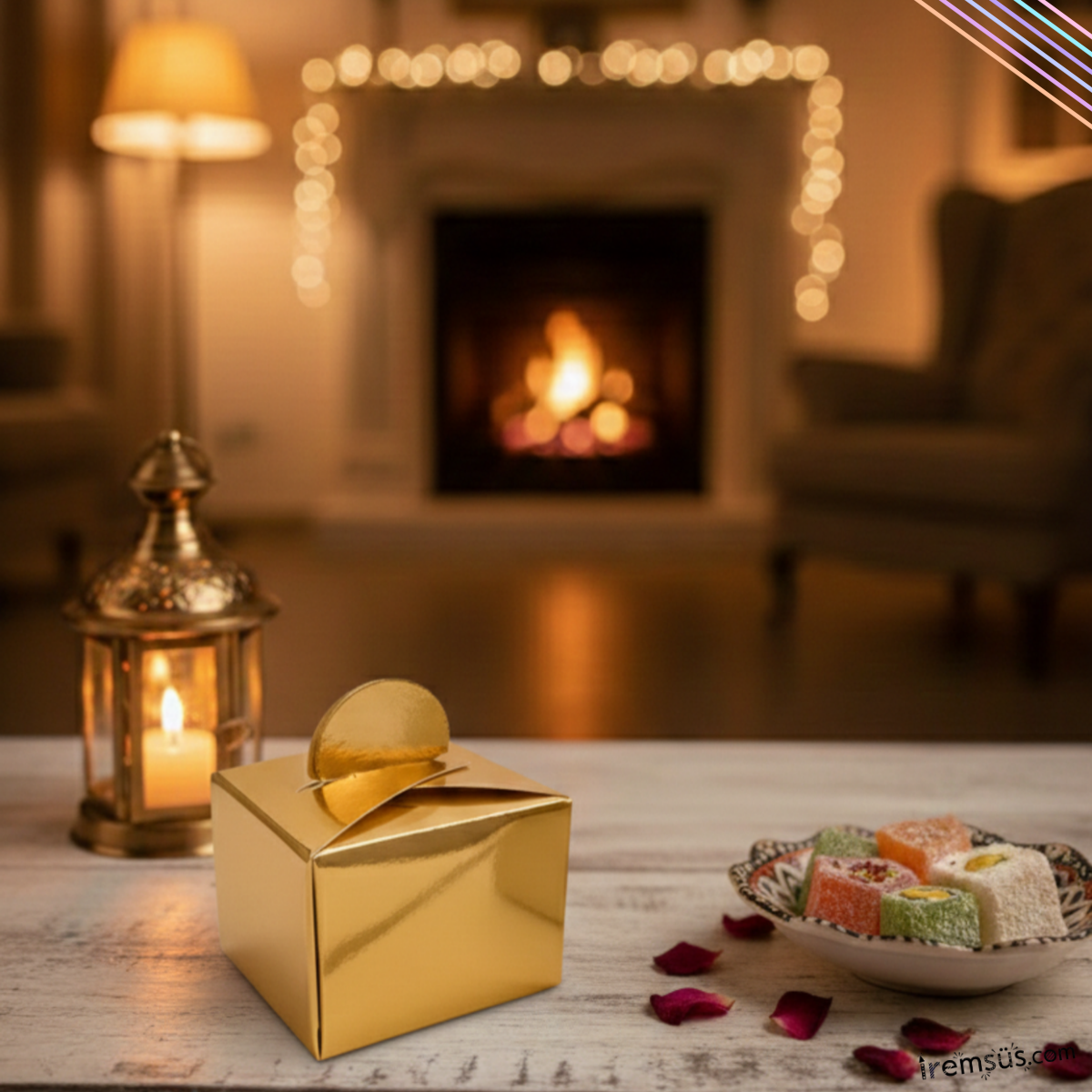 Metalize Parlak Gold Renk Dağıtmalık Lokumluk Karton Kare Kutu 25li Ramazan Bayramı Dağıtmalık Süs