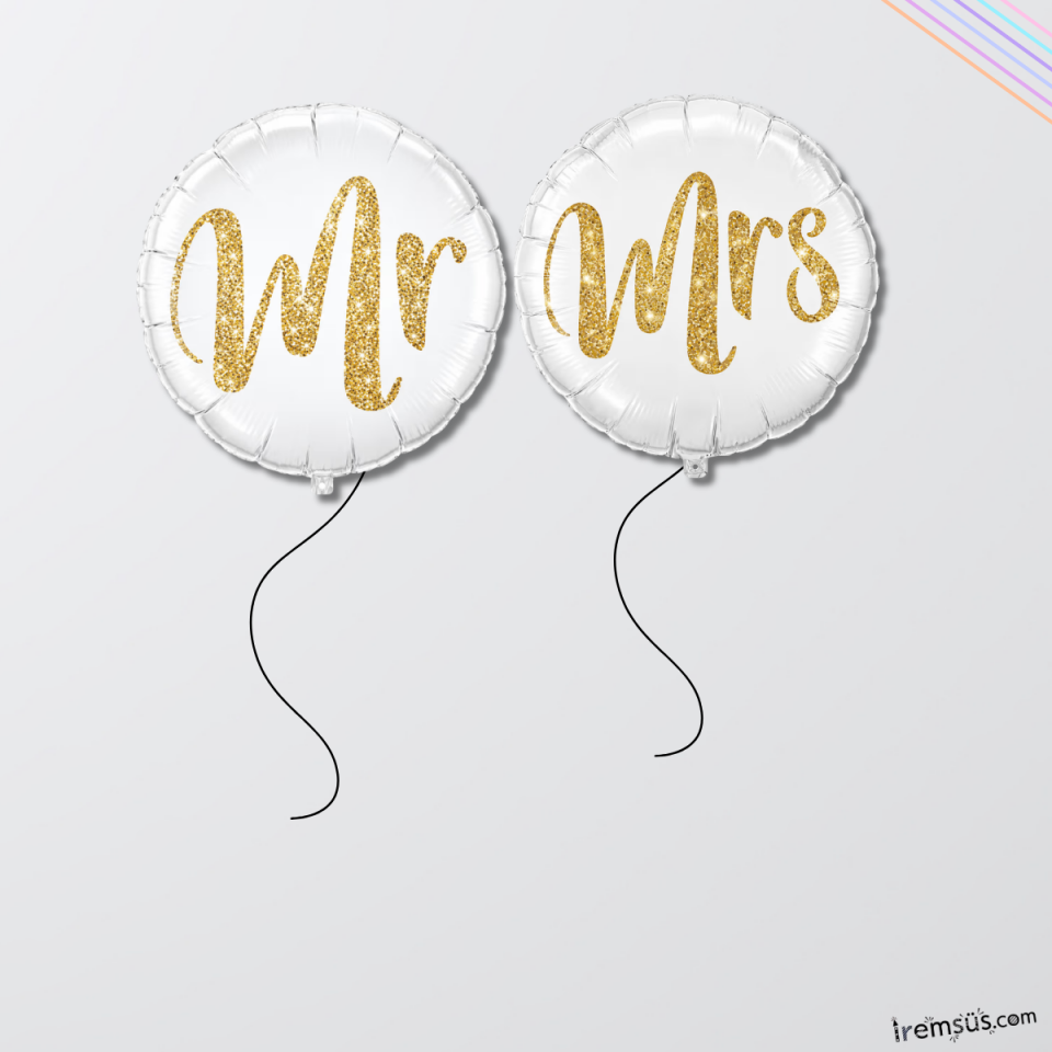 Mr&Mrs Yazılı Gold Beyaz Renk Yuvarlak 2li Folyo Balon Seti