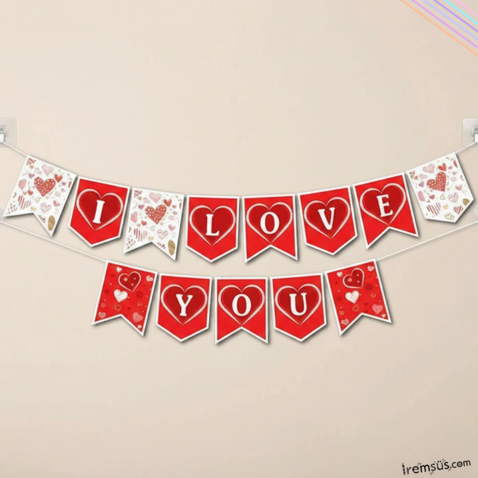 I love You Yazılı Kırmızı Renkli Kalpli Banner Yazı 190 cm Sevgililer Günü Süpriz Süsleme