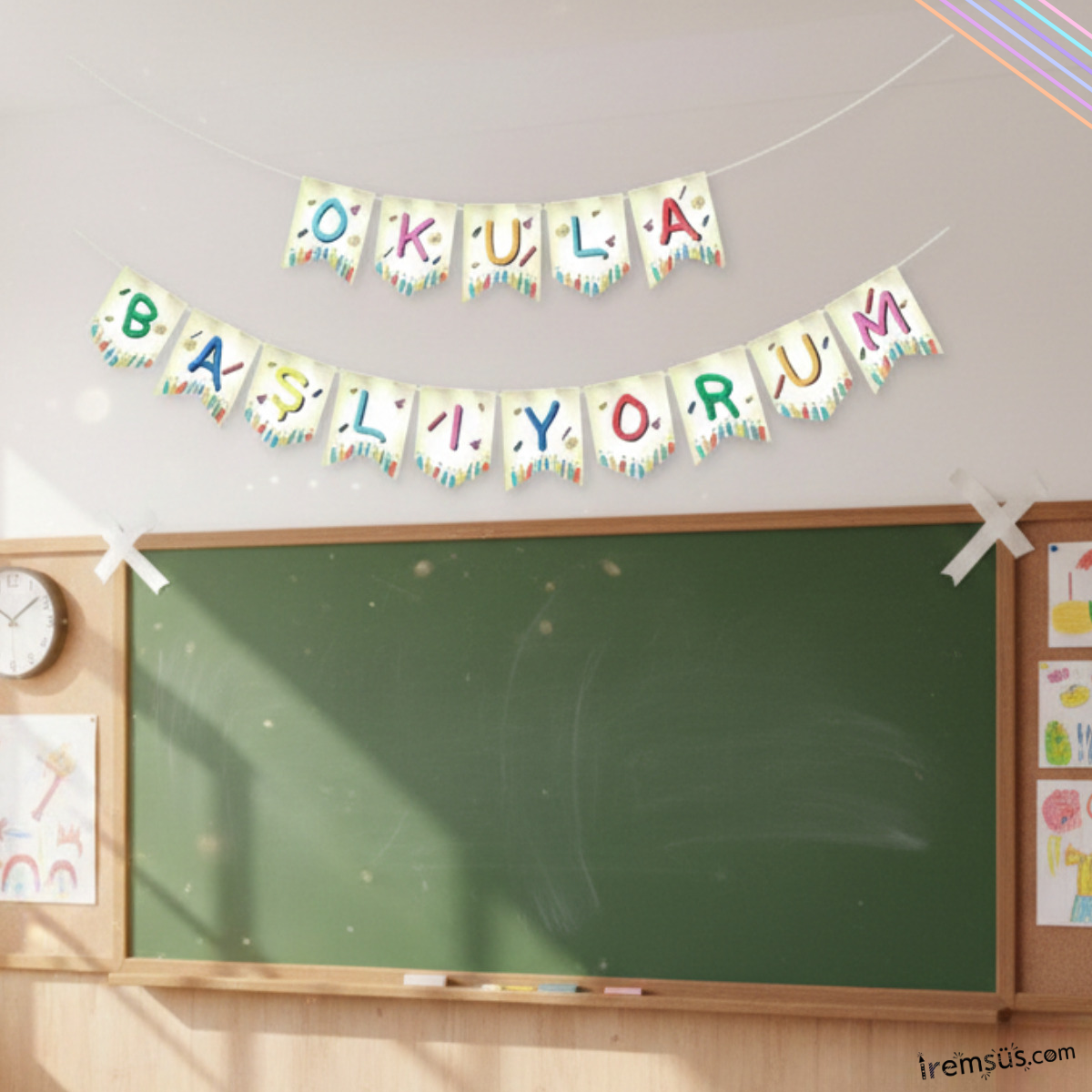 Okula Başlıyorum Yazılı Banner Süsleme 260 cm Okula Dönüş Sınıf Süslemesi Okula Başlama Süsü