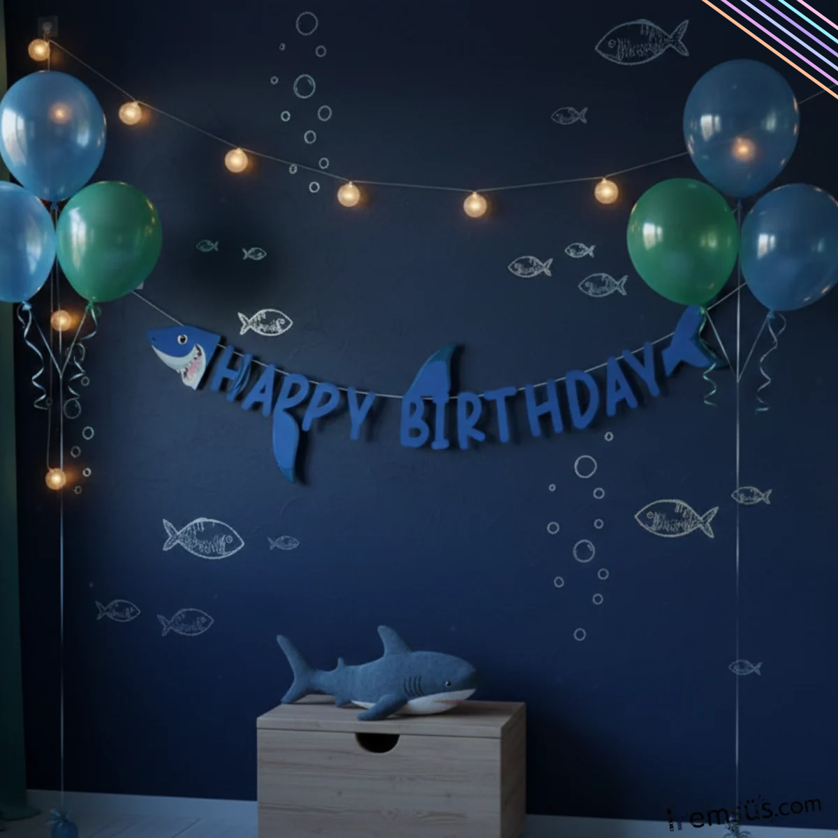 Köpekbalığı Konsept Doğum Günü Partisi Happy Birthday Banner Yazı 120Cm Balık Konsept Süsleme
