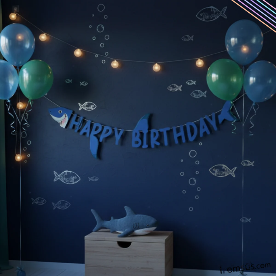 Köpekbalığı Konsept Doğum Günü Partisi Happy Birthday Banner Yazı 120Cm Balık Konsept Süsleme