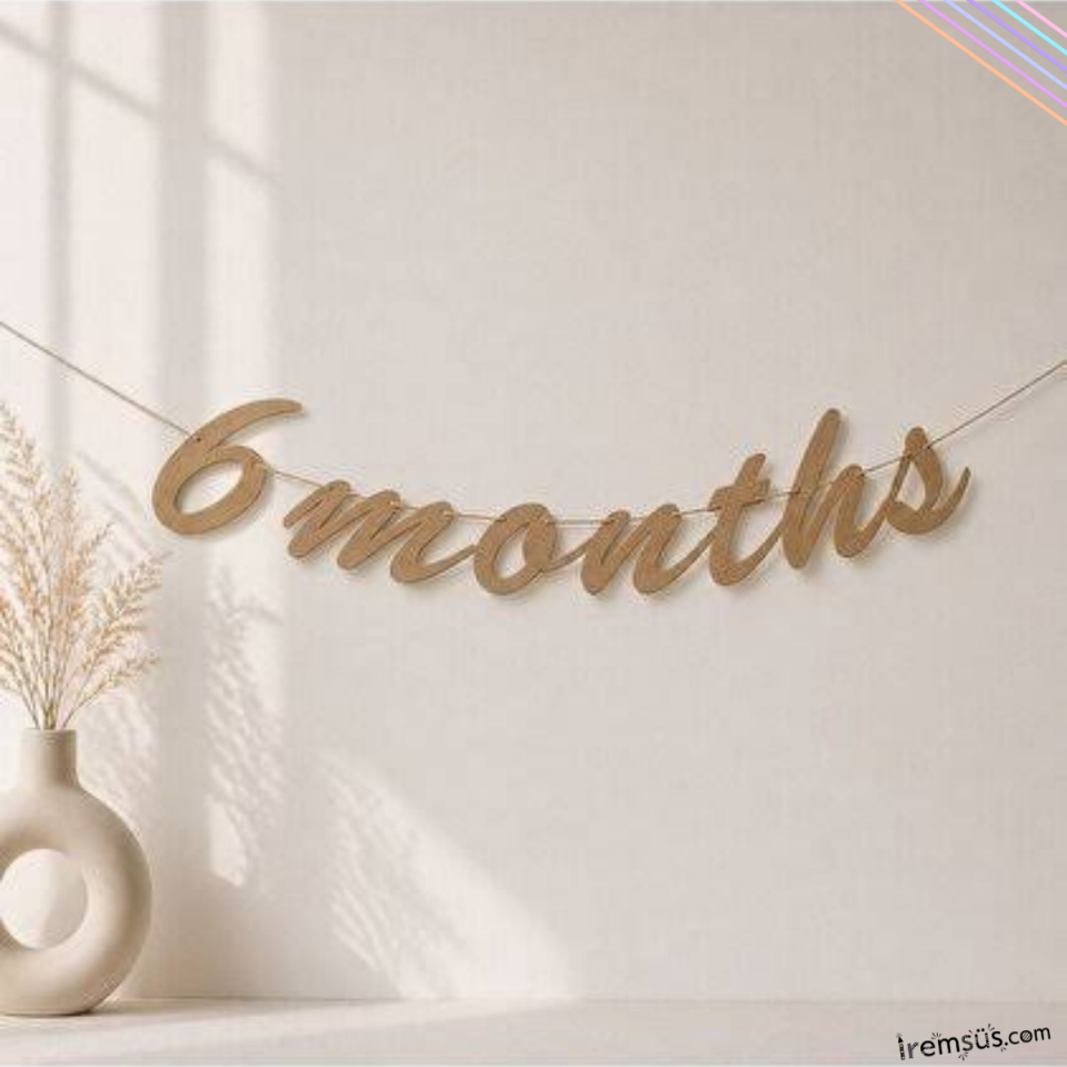 6 Months Yazılı Kraft Renk Kaligrafi Banner Yarım Yaş Konsept Süsleme Yazı