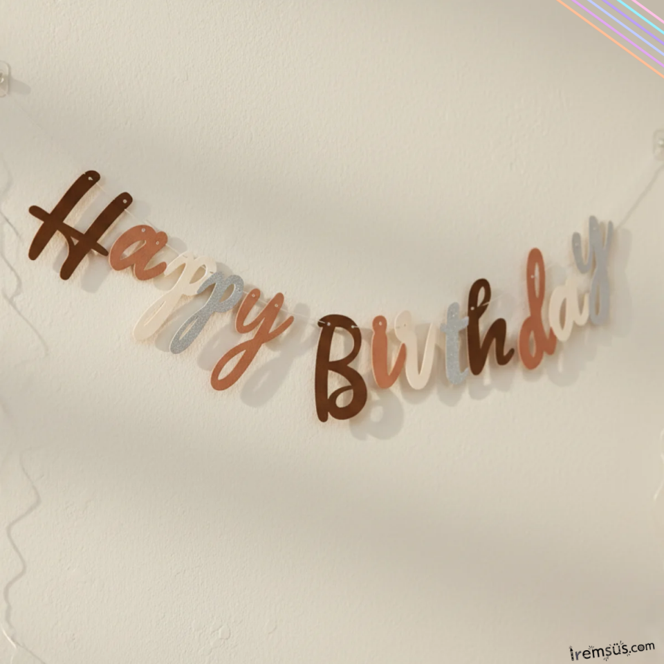 Retro Renk Doğum Günü Partisi Happy Birthday Banner Yazı 110 Cm Kahve Tonları Konsept Süsleme