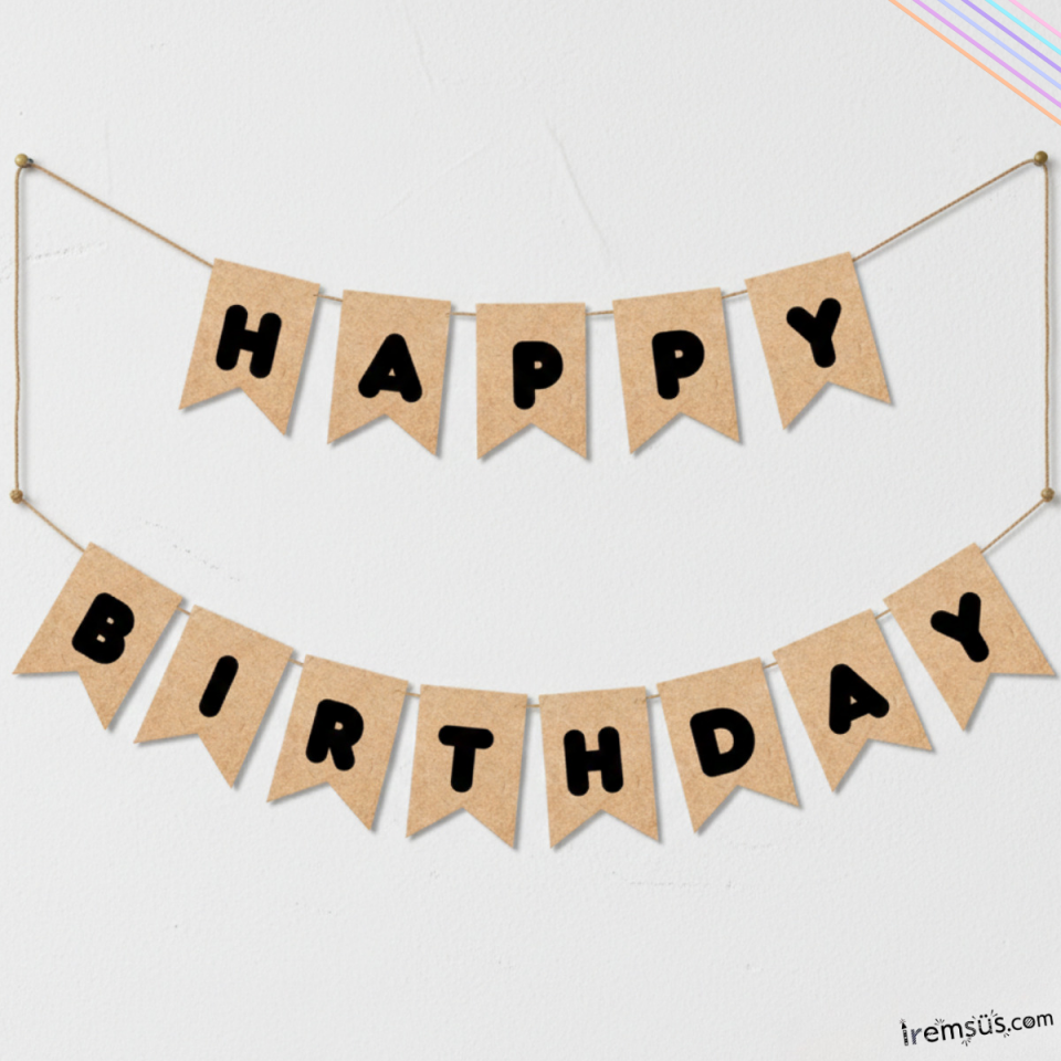 Kraft Renk Siyah Yazılı Happy Birthday Banner Süsleme Kraft Doğum Günü Yazısı