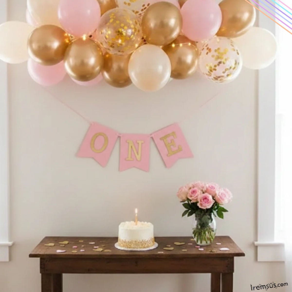 One Yazılı Pembe Renk Gold Yaldızlı Banner Süsleme 1 Yaş Doğum Günü Süslemesi