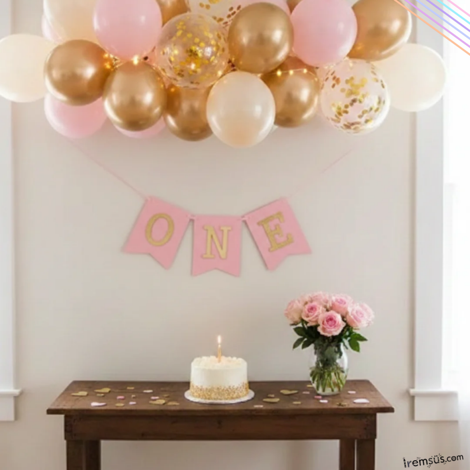 One Yazılı Pembe Renk Gold Yaldızlı Banner Süsleme 1 Yaş Doğum Günü Süslemesi