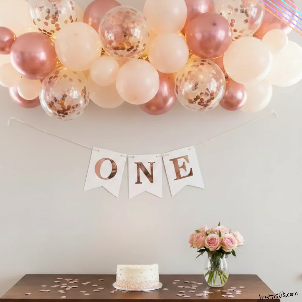 One Yazılı Beyaz Renk Rose Yaldızşı Banner Süsleme 1 Yaş Doğum Günü Süslemesi