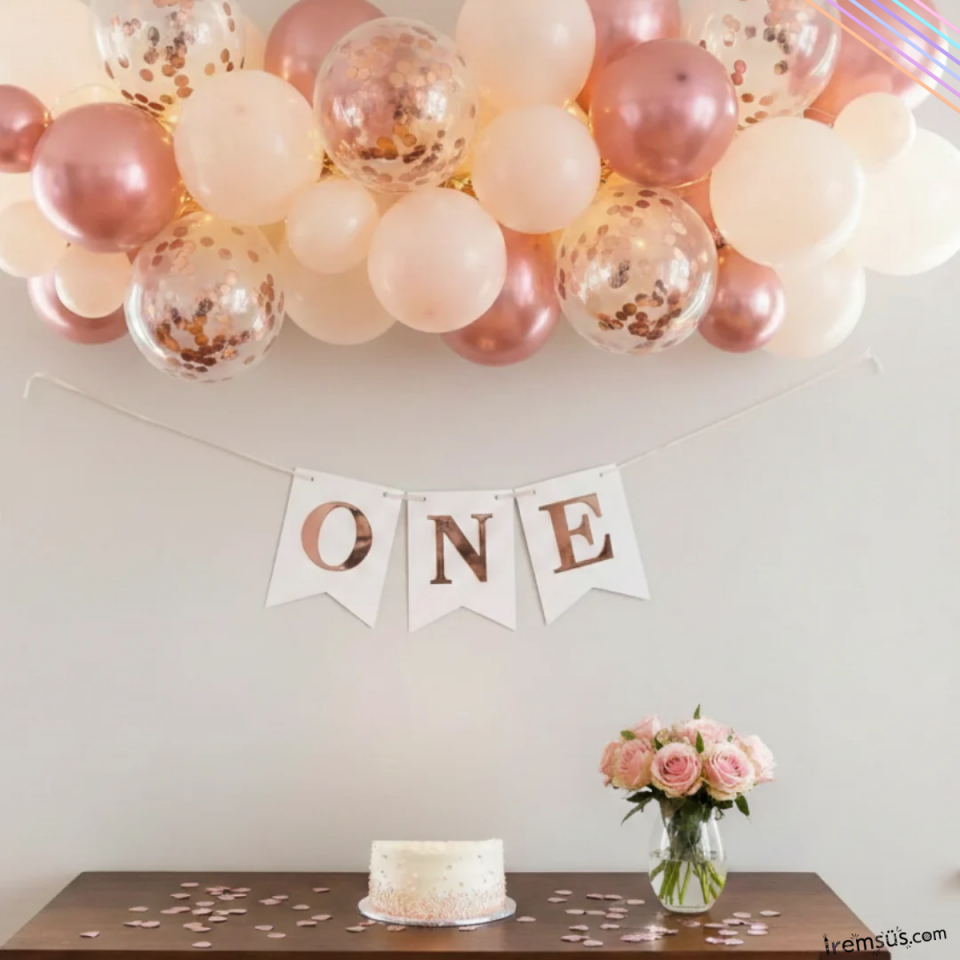 One Yazılı Beyaz Renk Rose Yaldızşı Banner Süsleme 1 Yaş Doğum Günü Süslemesi