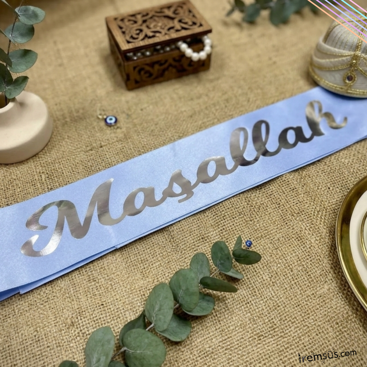 Maşallah Yazılı Mavi Renk Gümüş Yaldızlı Kuşak Sünnet Düğün Süslemesi