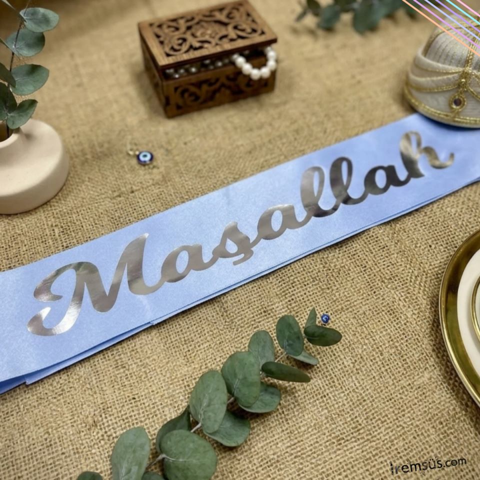 Maşallah Yazılı Mavi Renk Gümüş Yaldızlı Kuşak Sünnet Düğün Süslemesi