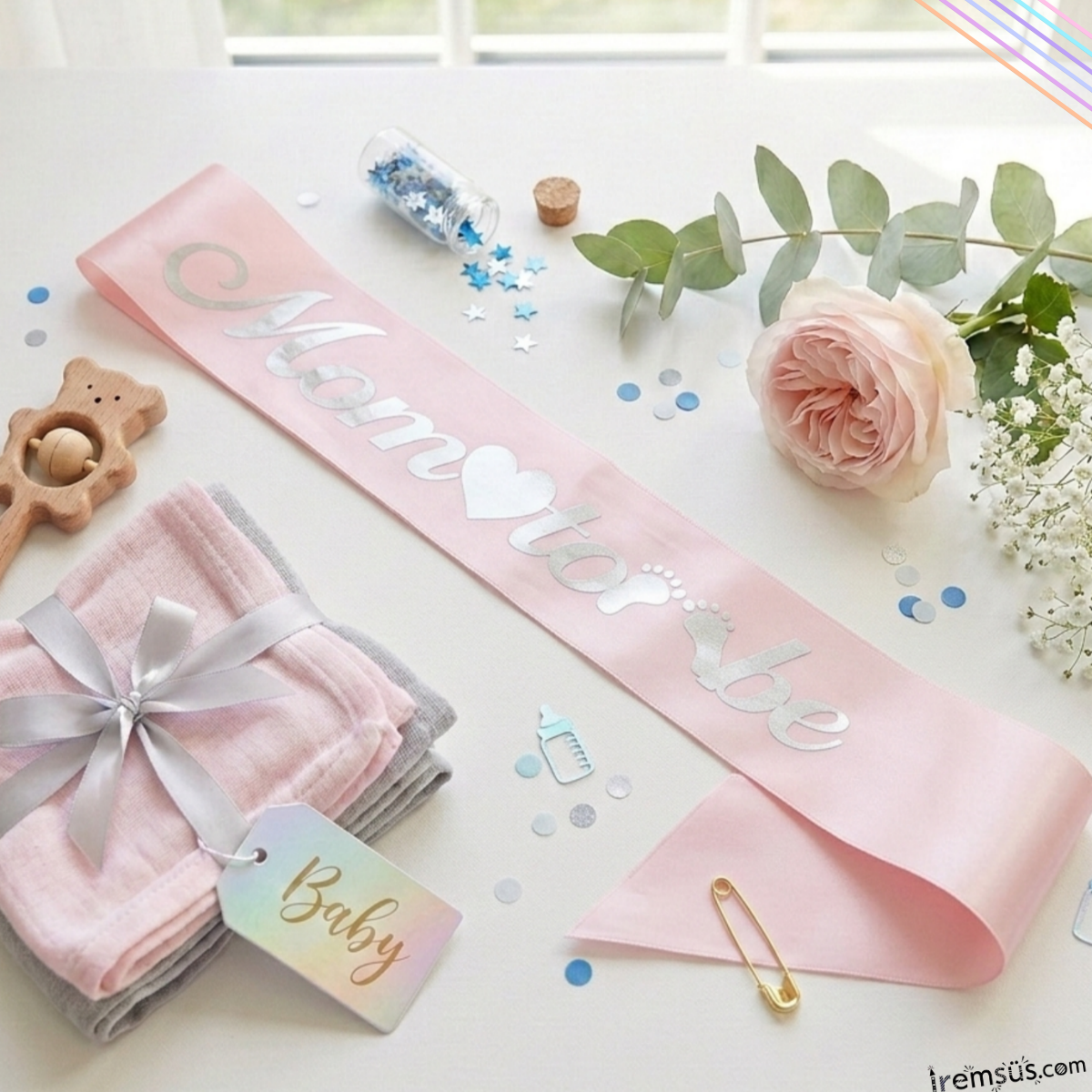 Mom To Be Gümüş Yaldızlı Pembe Kuşak 150 cm Kız Bebek Yeni Doğum ve Cinsiyet Partisi Süslemesi