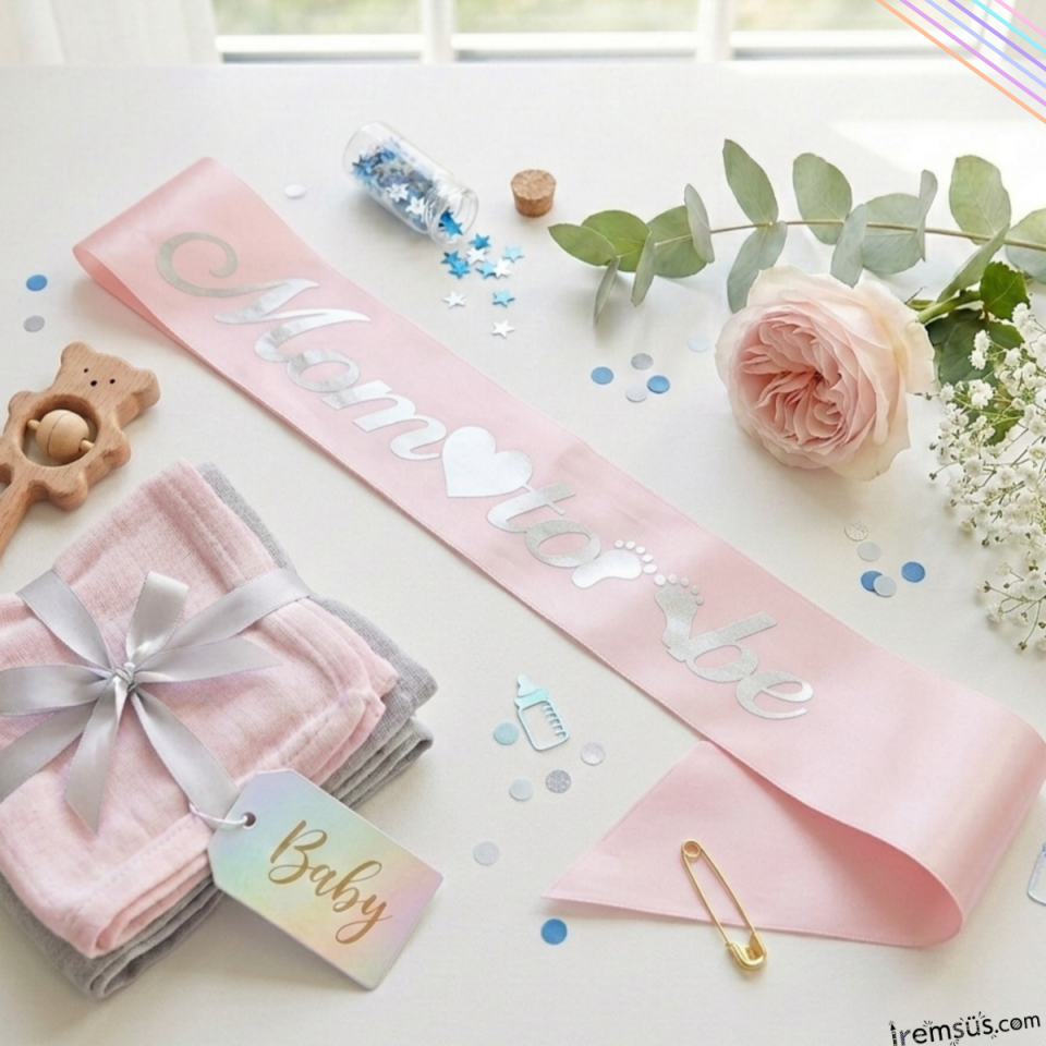 Mom To Be Gümüş Yaldızlı Pembe Kuşak 150 cm Kız Bebek Yeni Doğum ve Cinsiyet Partisi Süslemesi