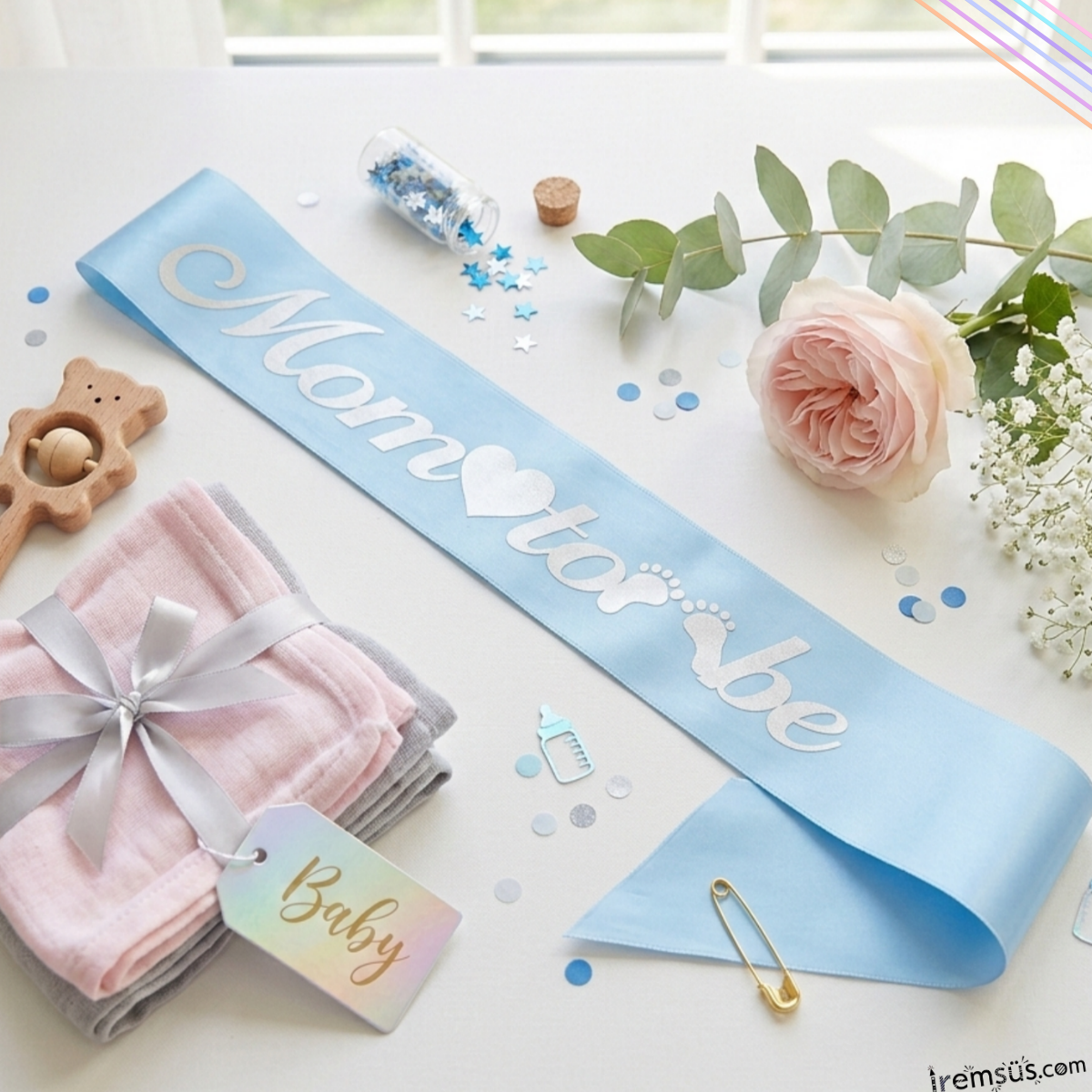 Mom To Be Gümüş Yaldızlı Mavi Kuşak 150 cm Erkek Yeni Doğum ve Cinsiyet Partisi Süslemesi