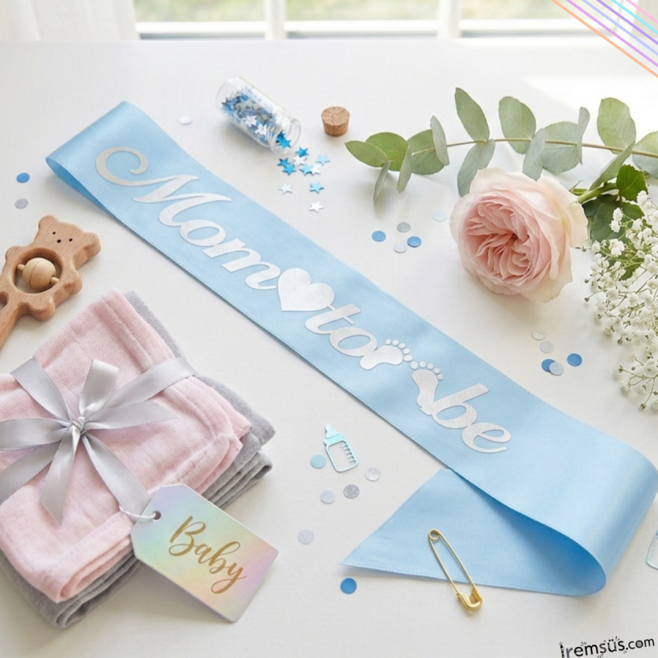 Mom To Be Gümüş Yaldızlı Mavi Kuşak 150 cm Erkek Yeni Doğum ve Cinsiyet Partisi Süslemesi