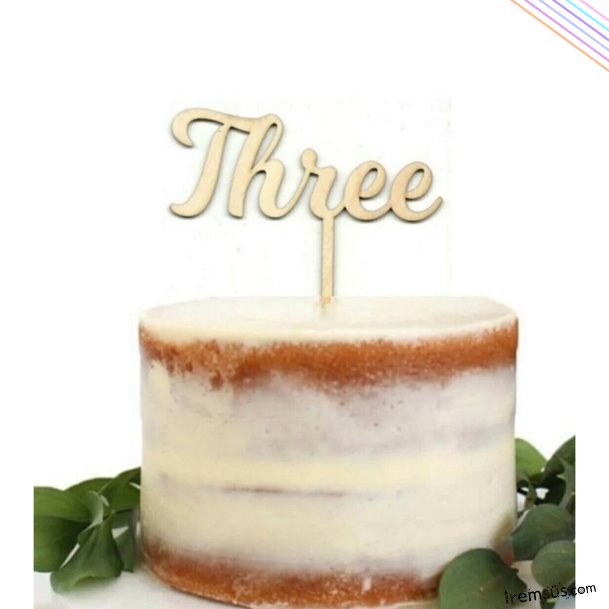 Three Yazılı Ahşap Pasta Üstü Süsü 3 Yaş Doğum Günü Pasta Süslemesi