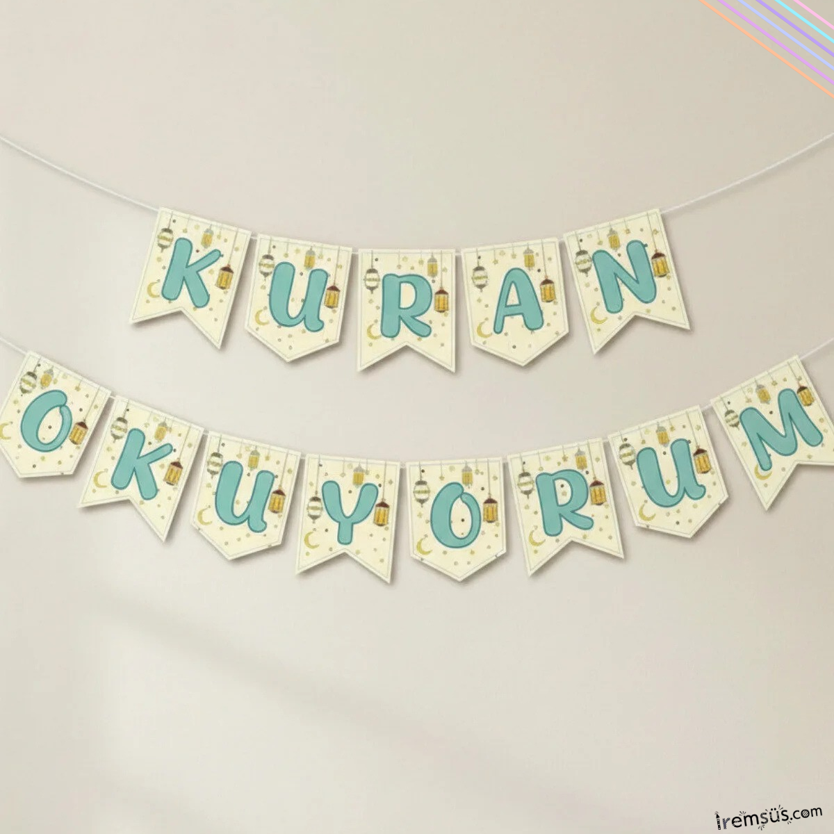 Kuran Okuyorum Yazısı Banner Bej Mavi Renk 2mt Kuran Okuma Partisi Süslemesi
