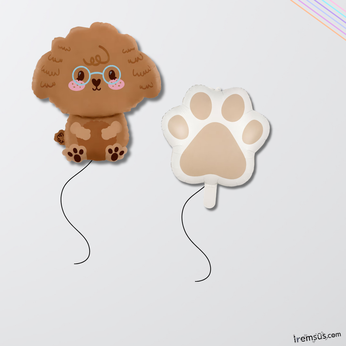 Retro Renk Poddle Köpek Patisi Figür Folyo Helyum Balon Seti 2 li Köpek Doğum Günü Balon Seti