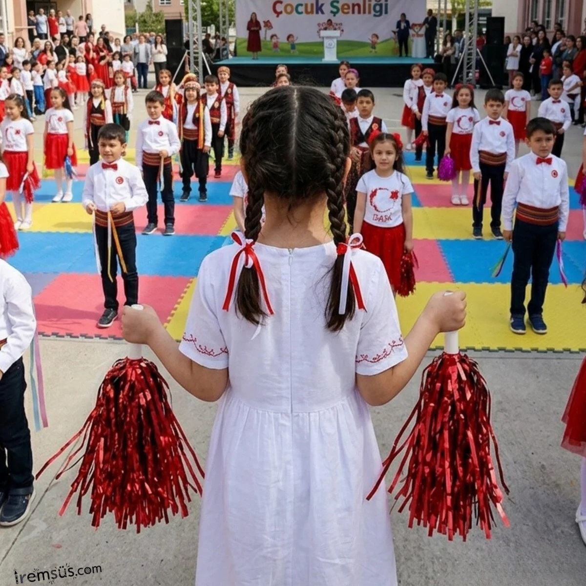 Kırmızı Pon Pon Metalik Parlak Renkler 23 Nisan Kutlama Ponponu