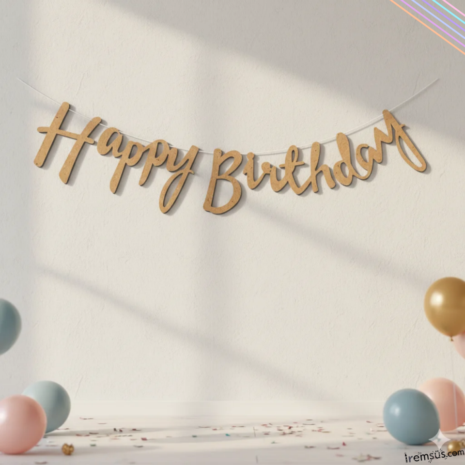Happy Birthday Yazılı Kaligrafi Banner Yazısı Kraft Renk Doğum Günü Partisi 110 Cm