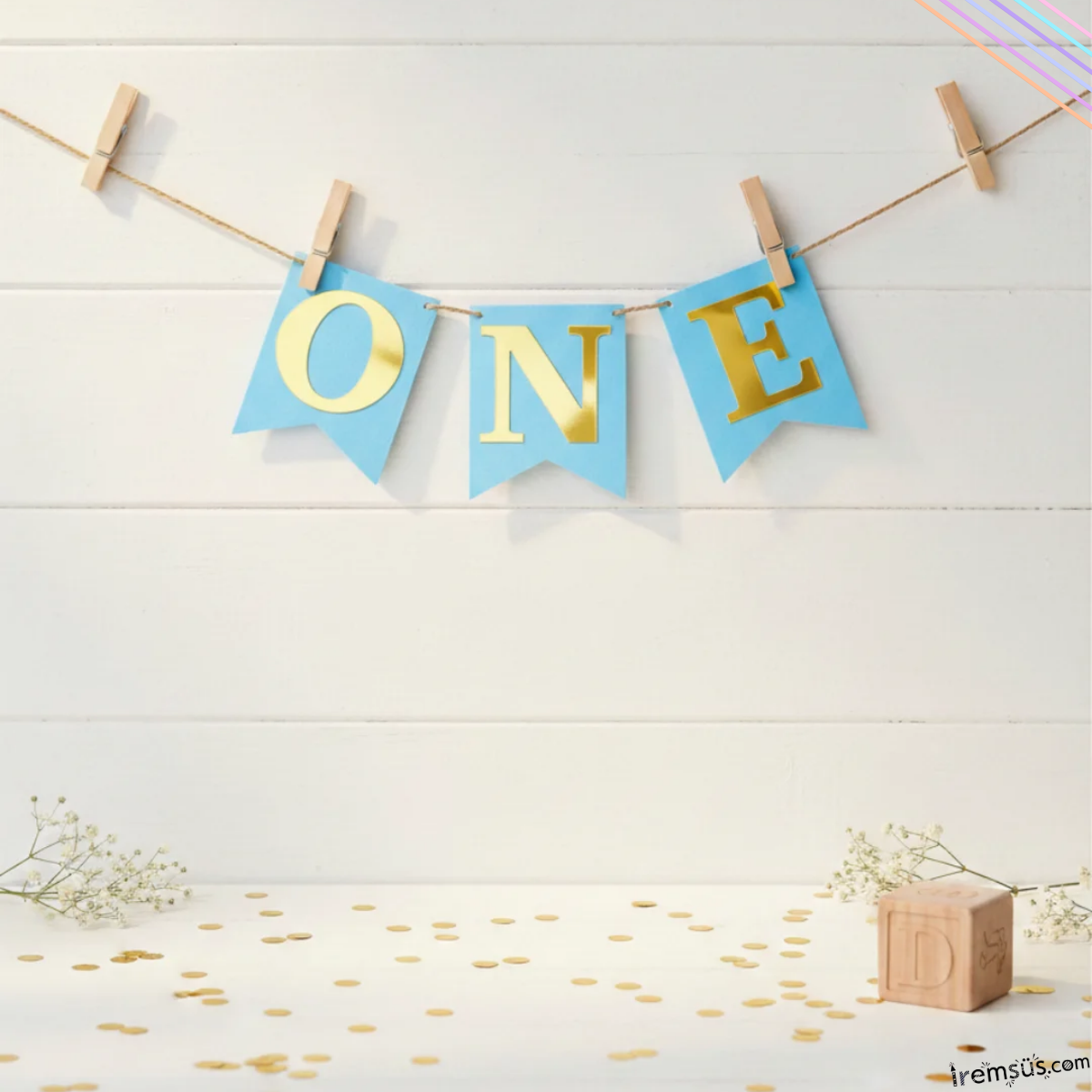 One Yazılı Mavi Renk Gold Yaldızlı Banner Süsleme 1 Yaş Doğum Günü Süslemesi