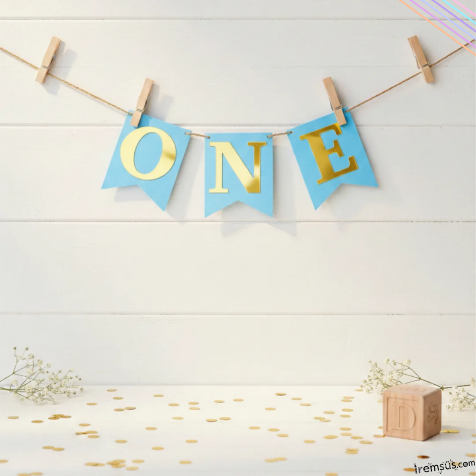 One Yazılı Mavi Renk Gold Yaldızlı Banner Süsleme 1 Yaş Doğum Günü Süslemesi