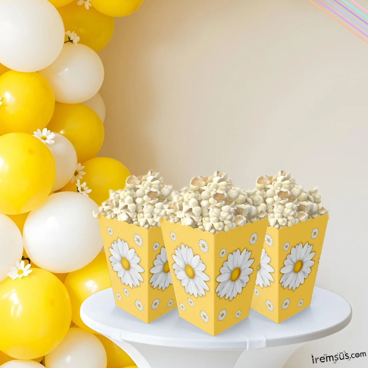 Papatya Konsept Doğum Günü Partisi Mısır Kutusu 8li Papatya Baskılı Popcorn Kutusu Süsleme