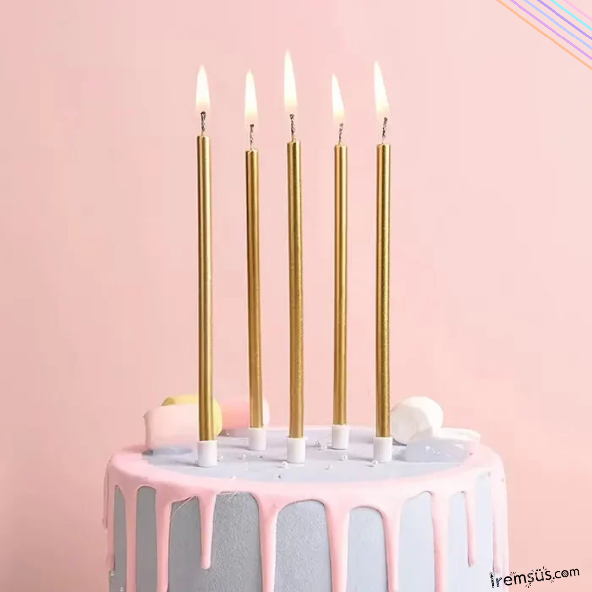 Dekoratif Uzun Pasta Mumu Gold Renk 6lı 18 cm İnce Uzun Pasta Mumu