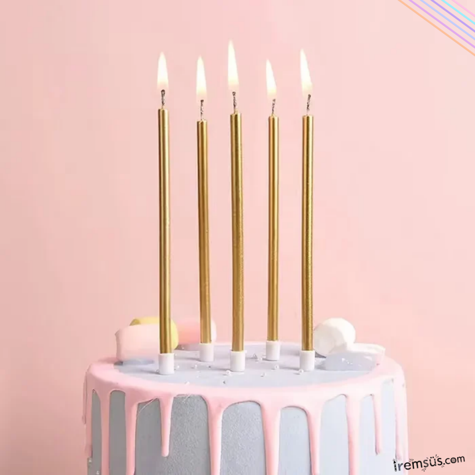 Dekoratif Uzun Pasta Mumu Gold Renk 6lı 18 cm İnce Uzun Pasta Mumu