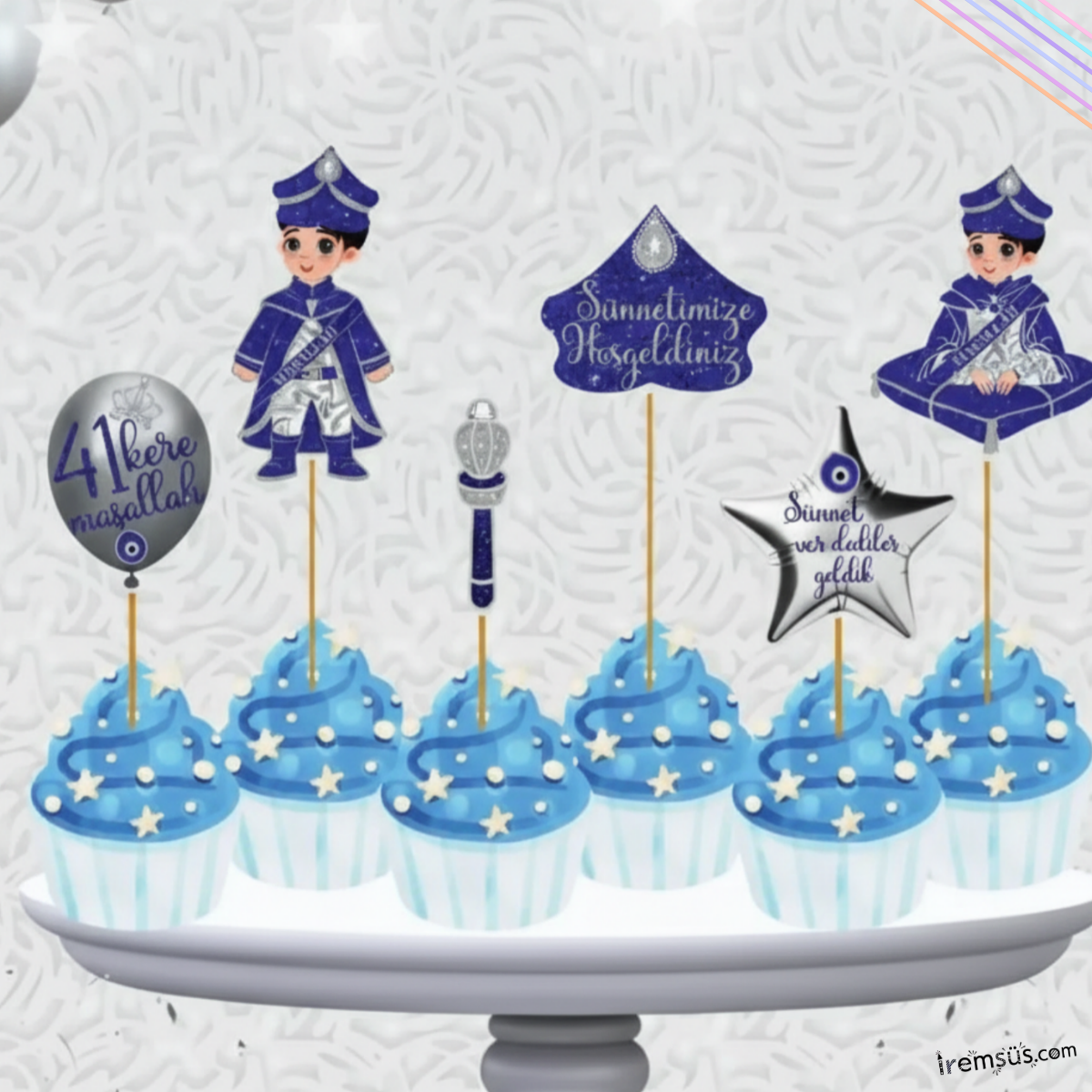 Sünnet Konsept Pasta Cupcake Büyük Boy Süsleme Kürdanı 6 Adet Sünnet Tema Parti Süsü