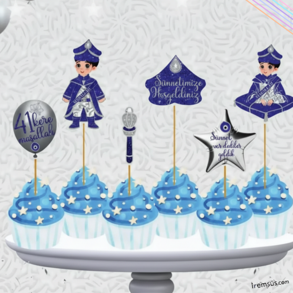 Sünnet Konsept Pasta Cupcake Büyük Boy Süsleme Kürdanı 6 Adet Sünnet Tema Parti Süsü