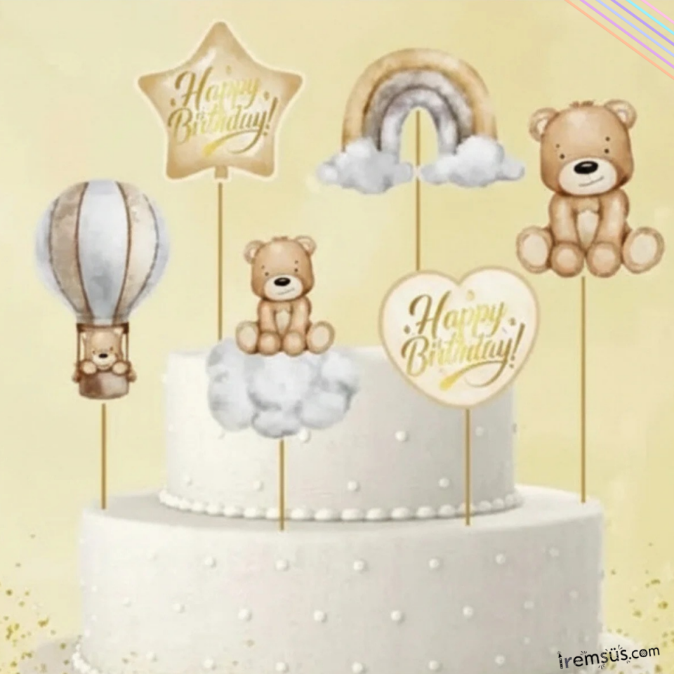 Ayıcık Konsept Pasta Cupcake Büyük Boy Süsleme Kürdanı 6 Adet Ayıcık Tema Parti Süsü