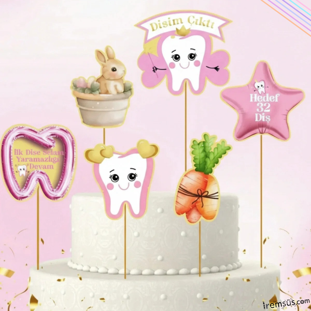 Diş Buğdayı Konsept Pembe Renk Pasta Cupcake Büyük Boy Süsleme Kürdanı 6 Adet