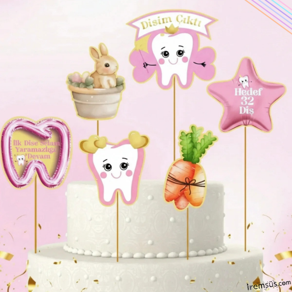 Diş Buğdayı Konsept Pembe Renk Pasta Cupcake Büyük Boy Süsleme Kürdanı 6 Adet