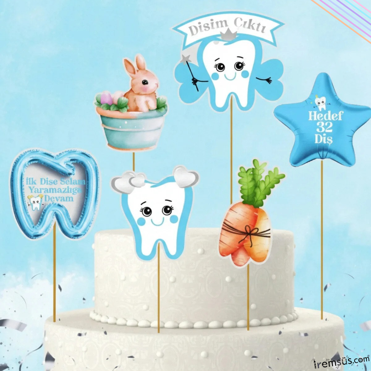 Diş Buğdayı Konsept Mavi Renk Pasta Cupcake Büyük Boy Süsleme Kürdanı 6 Adet