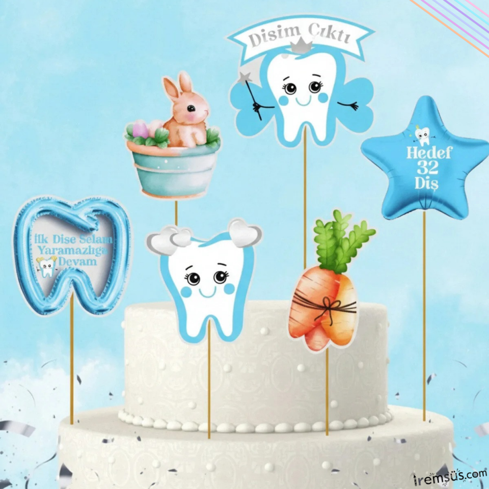 Diş Buğdayı Konsept Mavi Renk Pasta Cupcake Büyük Boy Süsleme Kürdanı 6 Adet