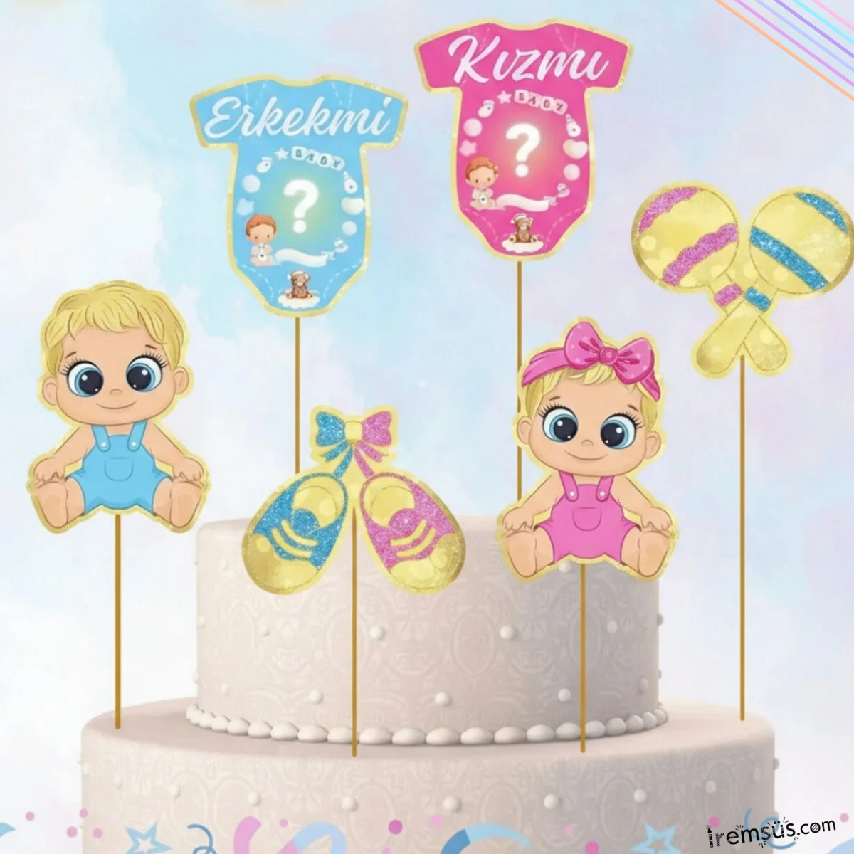 Cinsiyet Partisi Konsept Pasta Cupcake Büyük Boy Süsleme Kürdanı 6 Adet Cinsiyet Tema Parti Süsü