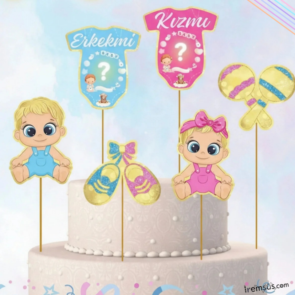 Cinsiyet Partisi Konsept Pasta Cupcake Büyük Boy Süsleme Kürdanı 6 Adet Cinsiyet Tema Parti Süsü
