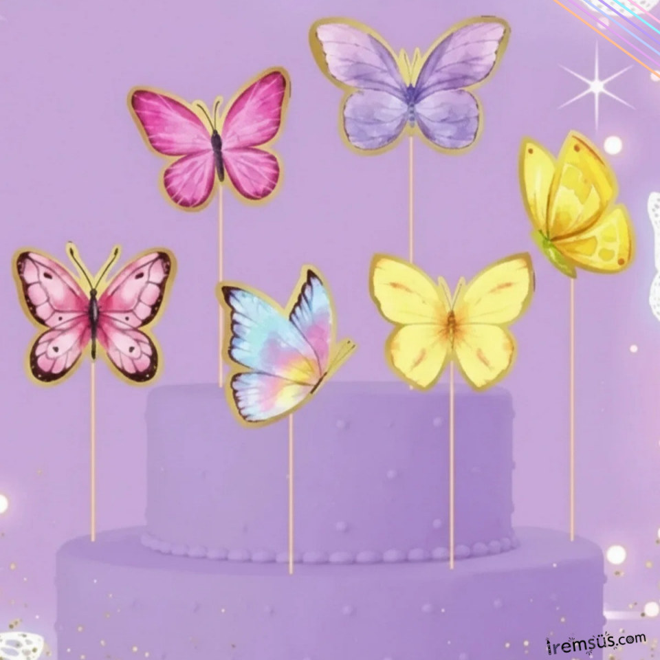 Kelebek Konsept Pasta Cupcake Büyük Boy Süsleme Kürdanı 6 Adet Kelebek Tema Parti Süsü