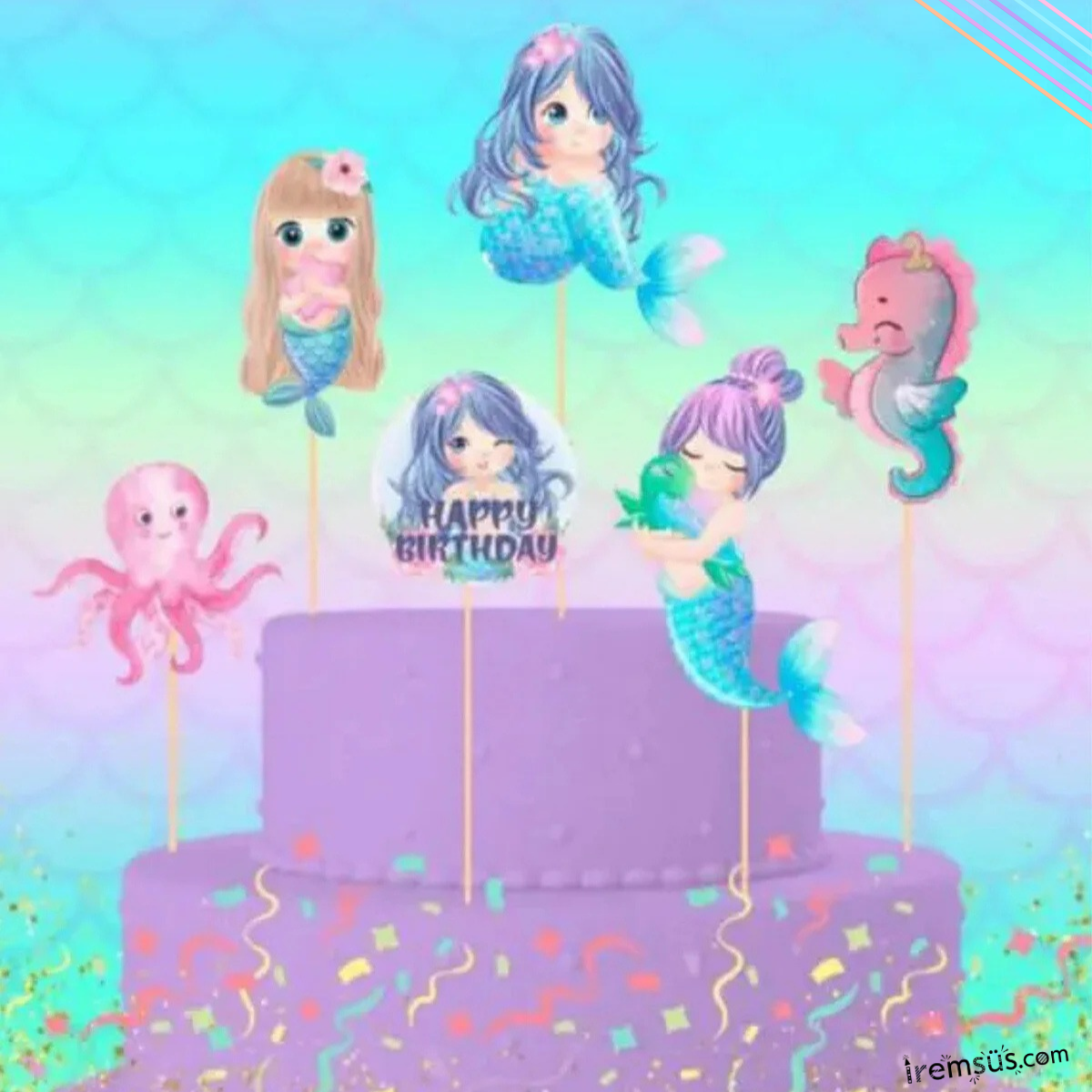 Deniz Kızı Konsept Pasta Cupcake Büyük Boy Süsleme Kürdanı 6 Adet Deniz Kızı Tema Parti Süsü