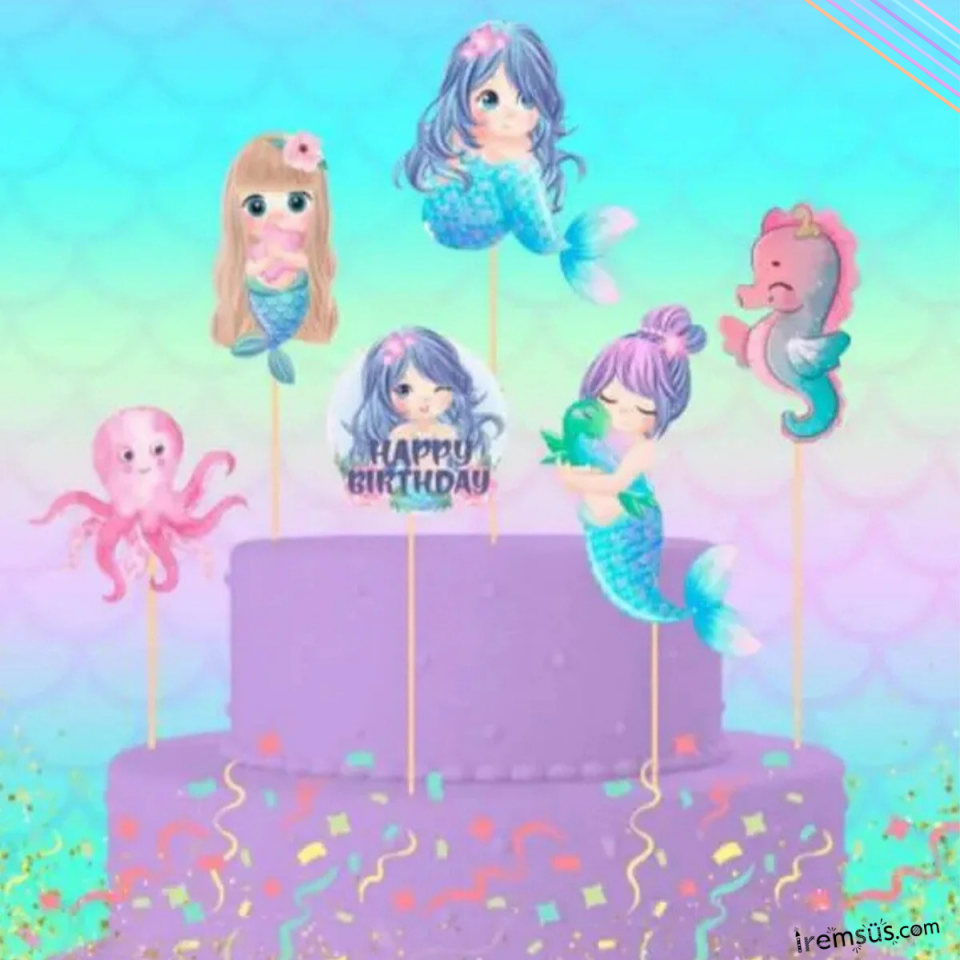 Deniz Kızı Konsept Pasta Cupcake Büyük Boy Süsleme Kürdanı 6 Adet Deniz Kızı Tema Parti Süsü
