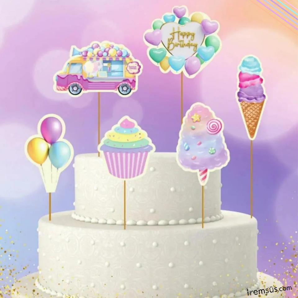 Dondurma Konsept Pasta Cupcake Büyük Boy Süsleme Kürdanı 6 Adet Dondurma Tema Parti Süsü